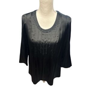 Rebecca Taylor NWT Women's Black Silk Blend Blouse Beaded 3/4 Sleeve Size 2